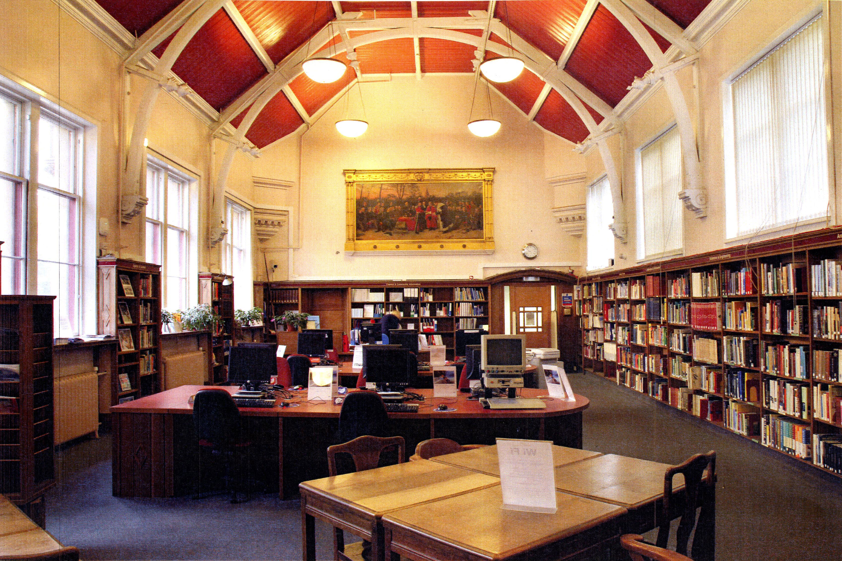 The reference department in the Carnegie Library in Dunfermline, Scotland, is both functional and beautiful.