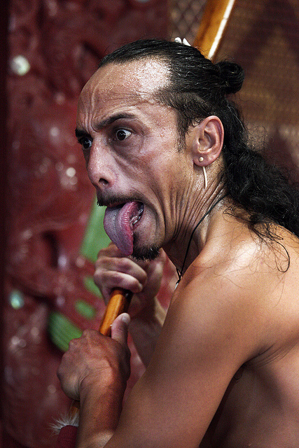 Traditionally, performers stick out their long tongues to intimidate the enemy.cc